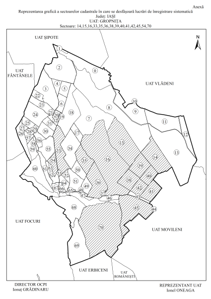 Reprezentarea grafică a sectoarelor cadastrale în care se desfășoară lucrări de înregistrare sistematică Județ: IAȘI, UAT: GROPNIȚA, Sectoare: 14,15,16,33,35,36,38,39,40,41,42,45,54,7